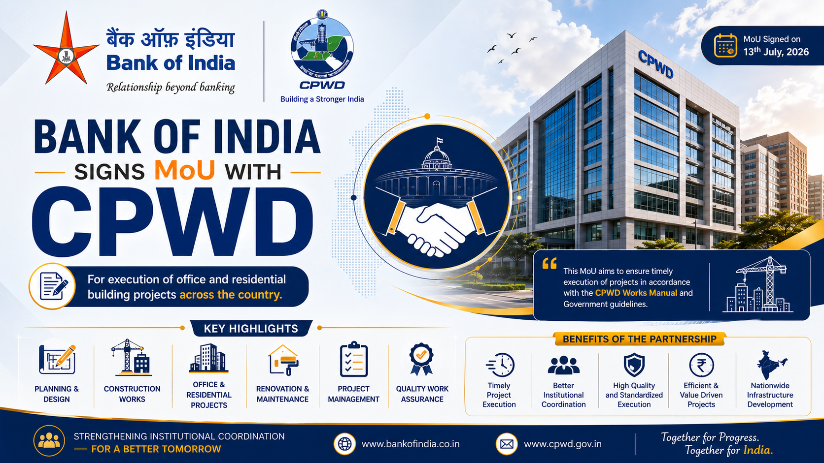 The Bank of India (BOI) has signed a Memorandum of Understanding (MoU) with the Central Public Works Department (CPWD)